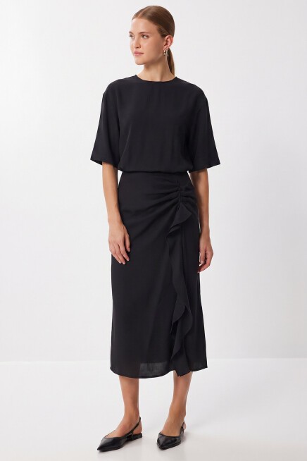 Drapeli Midi Modal Elbise SİYAH LNT0033