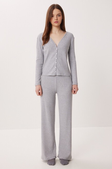 Düğmeli Fitilli Örme Hırka Pijama Takımı GRİ MELANJ LRN0016
