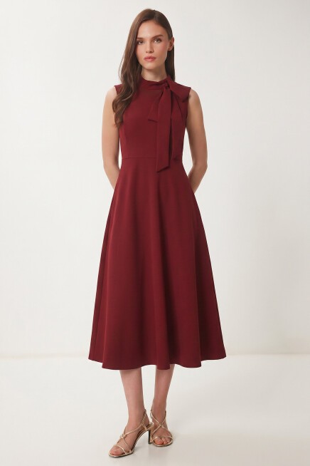 Fular Detaylı Midi Dokuma Elbise BORDO LNT0036