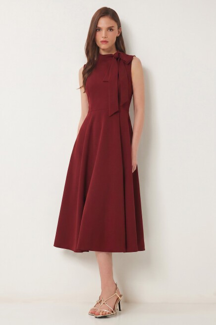 Fular Detaylı Midi Dokuma Elbise BORDO LNT0036