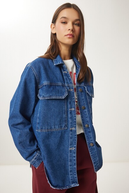 Geniş Cepli Oversize Denim Ceket KOYU MAVİ LAN0031