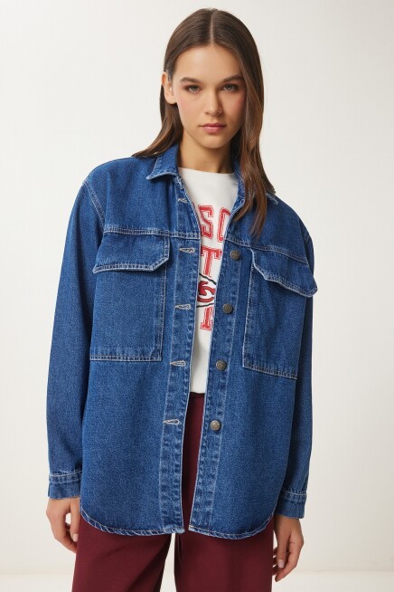 Geniş Cepli Oversize Denim Ceket KOYU MAVİ LAN0031