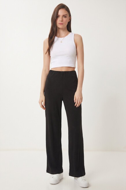 Geniş Paça Fitilli Modal Pantolon SİYAH LUB0348