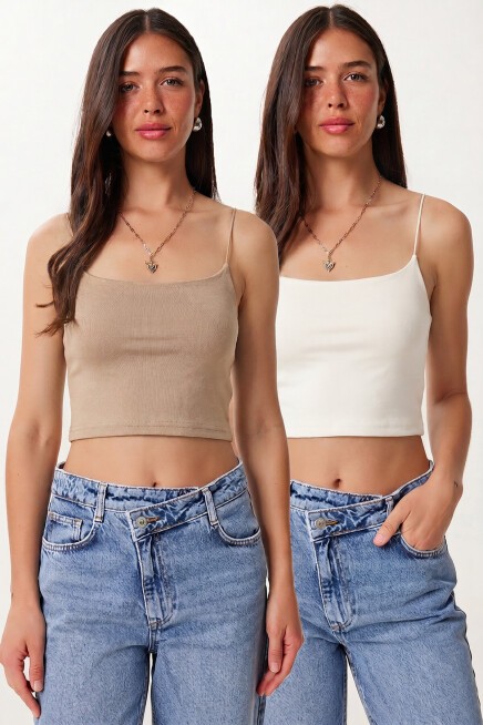 İp Askılı 2li Paket Örme Büstiyer BEYAZ BEJ LDI0001