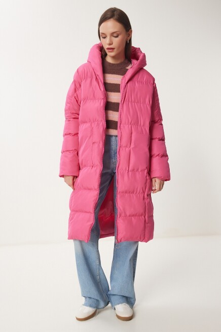 Kapüşonlu Oversize Uzun Şişme Kaban PEMBE LNT0001