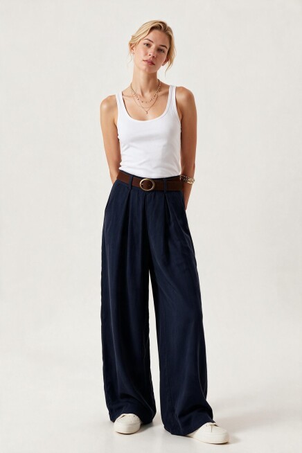 Kemerli Gabardin Etek Pantolon LACİVERT LBY0072