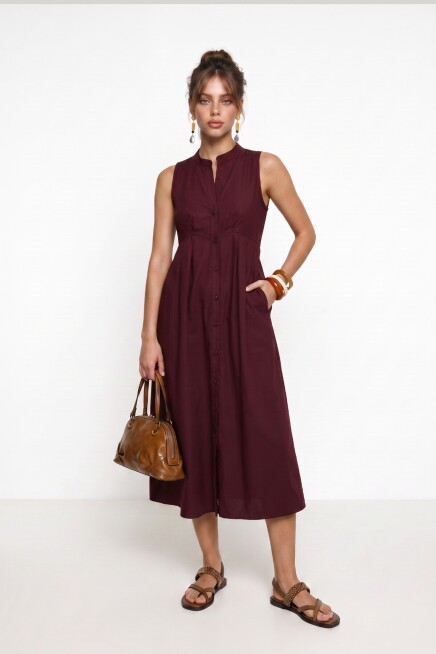 Kolsuz Midi Poplin Gömlek Elbise BORDO LMX0093