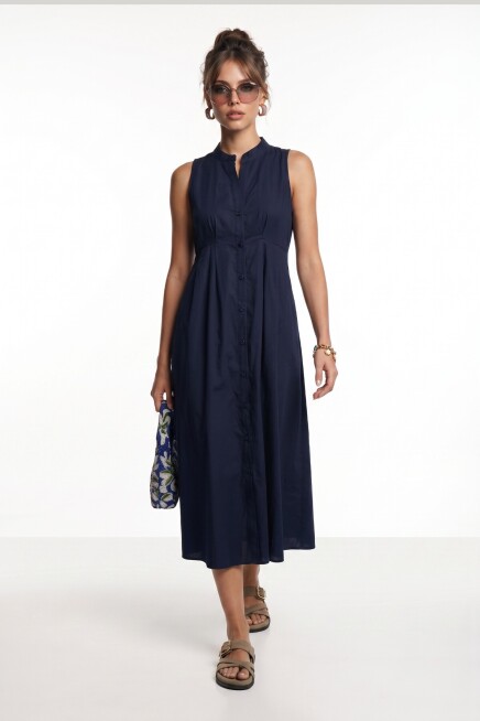 Kolsuz Midi Poplin Gömlek Elbise LACİVERT LMX0093