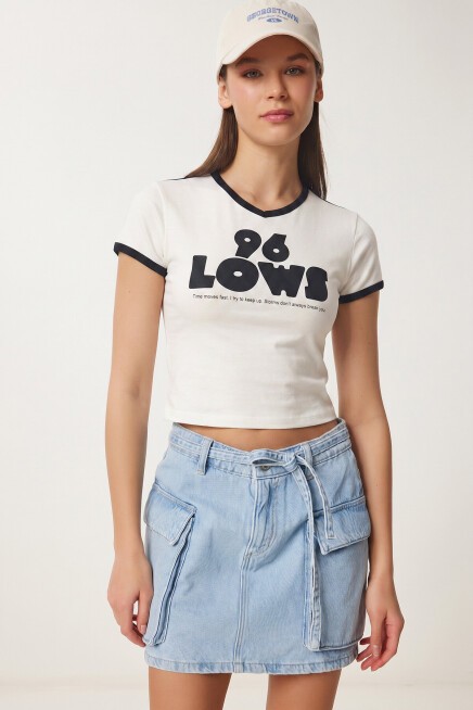Kontrast Baskılı Pamuklu T-shirt BEYAZ LACİVERT LUB0346