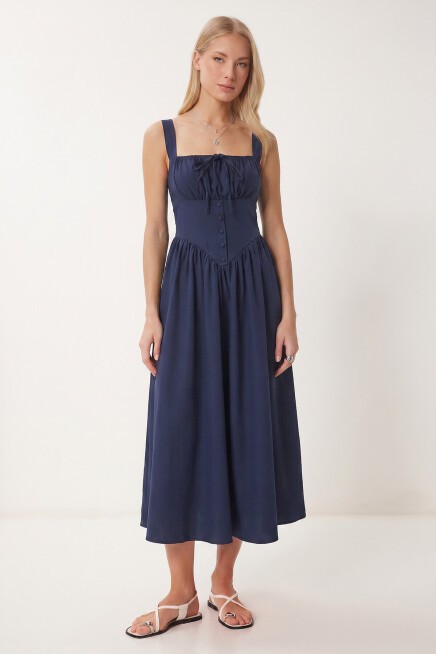 Korse Görünümlü Poplin Midi Elbise LACİVERT LUB0354