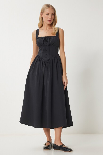 Korse Görünümlü Poplin Midi Elbise SİYAH LUB0354