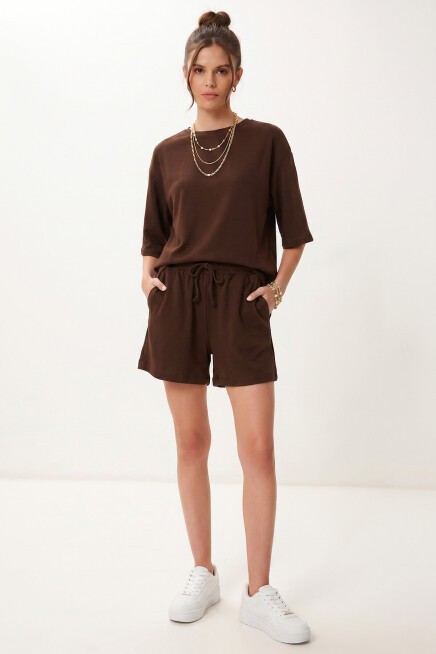 Modal Oversize T-shirt Şort Takım KAHVERENGİ LUB0379