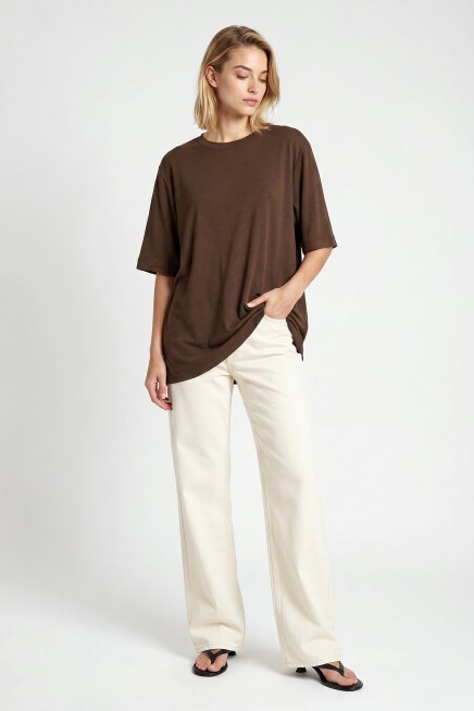 Oversize Basic Fitilli Modal T-shirt KAHVERENGİ LUB0361