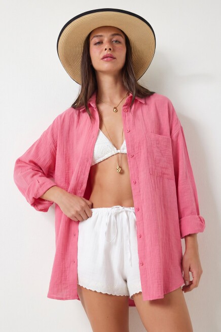 Oversize Basic Müslin Gömlek KOYU PEMBE LMX0002