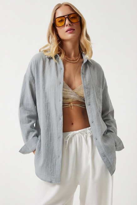 Oversize Basic Müslin Gömlek ORTA GRİ LMX0002