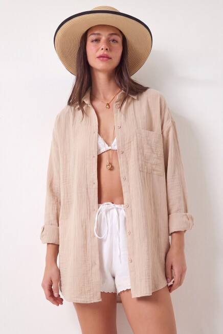 Oversize Basic Müslin Gömlek TAŞ LMX0002