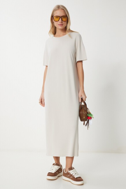 Oversize Basic Yazlık Örme Elbise KREM LUB0082