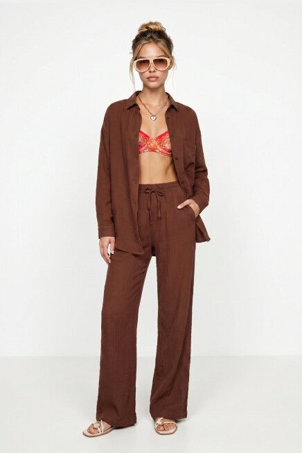 Oversize Müslin Gömlek Pantolon Takım KOYU KİREMİT LSA0014