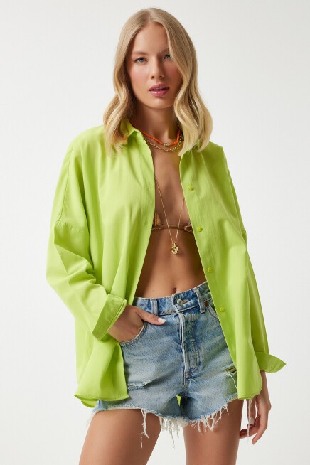 Oversize Uzun Basic Gömlek FISTIK YEŞİLİ LMX0106