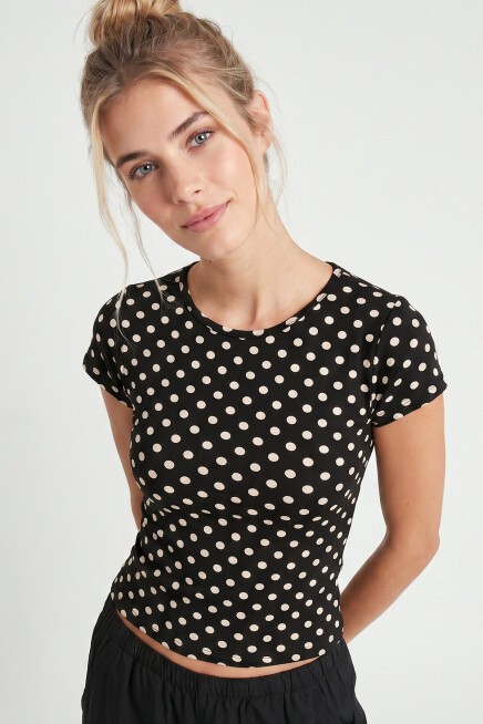 Puantiye Desenli Polyamid T-shirt SİYAH LZV0083