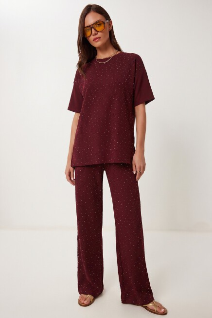Taş Detaylı Örme Alt-Üst Takım BORDO LZV0068