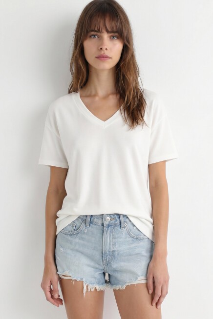 V Yaka Oversize Basic Örme T-shirt EKRU LZV0072