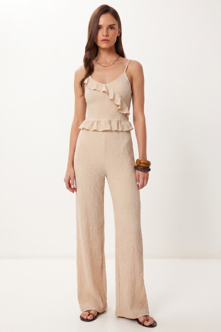 Volanlı Bluz Pantolon Krinkıl Takım KREM LFW0025