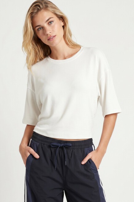 Yarasa Kollu Basic Modal T-shirt EKRU LUB0357