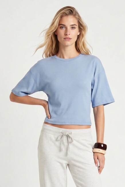 Yarasa Kollu Basic Modal T-shirt MAVİ LUB0357