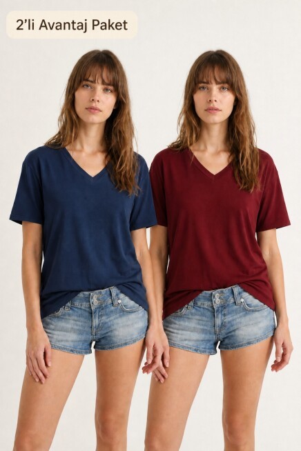 2’li Paket V Yaka Oversize Örme T-shirt LACİVERT BORDO LZV0085