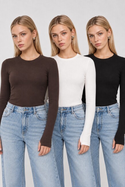 3lü Paket Bisiklet Yaka Basic Örme Bluz SİYAH KAHVERENGİ EKRU LCR0012