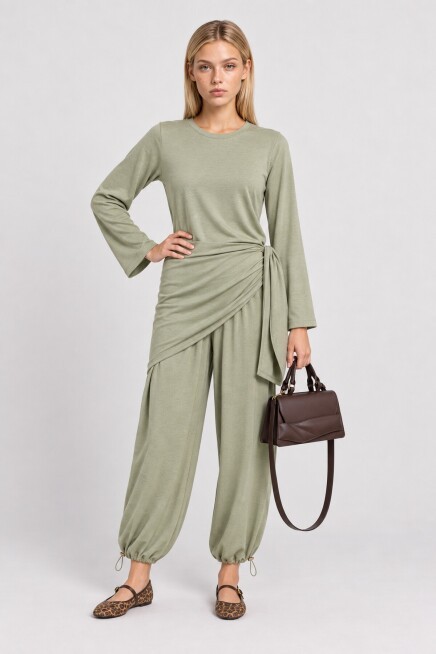 Beli Şallı Modal Bluz Pantolon Takım ÇAĞLA YEŞİLİ LBY0073