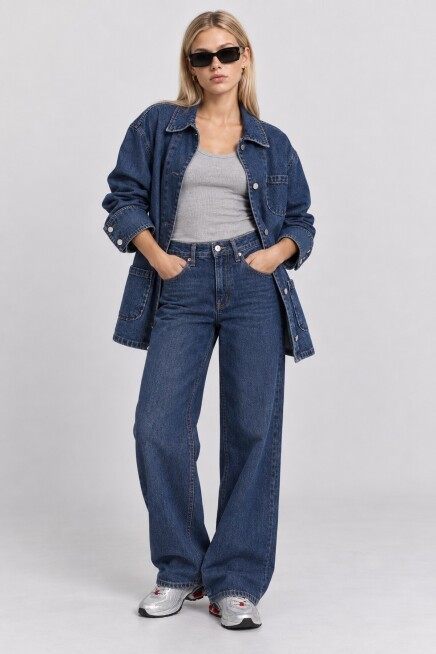 Cep Detaylı Oversize Denim Ceket KOYU MAVİ LBY0086