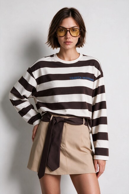 Çizgili Baskılı Oversize Örme Sweatshirt KAHVERENGİ EKRU LUB0398