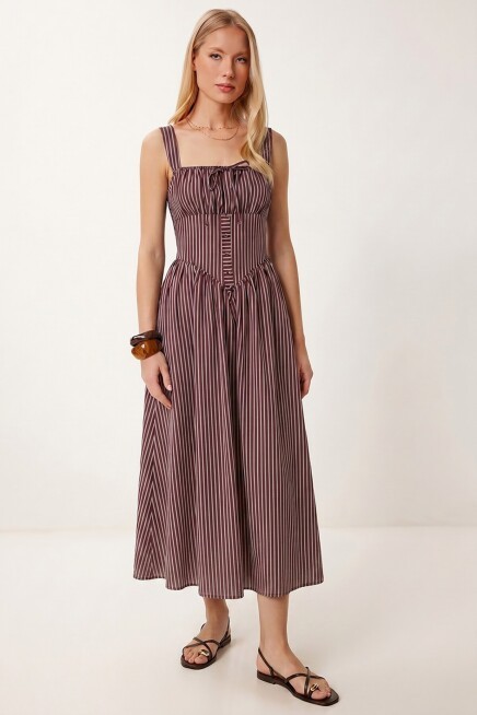 Çizgili Korse Görünümlü Poplin Midi Elbise BORDO LUB0374