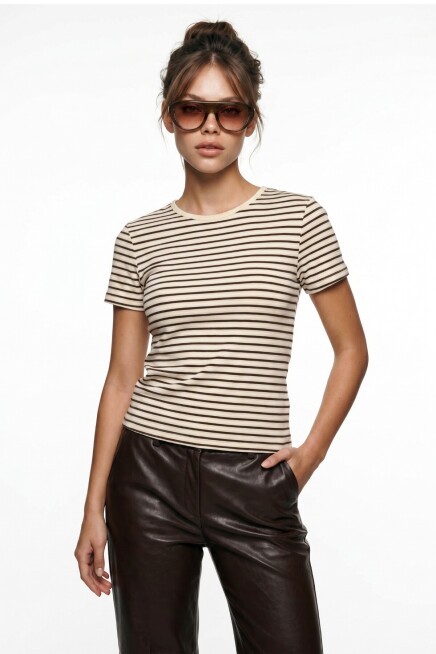Çizgili Pamuklu Örme T-shirt SARI KAHVERENGİ LUB0386