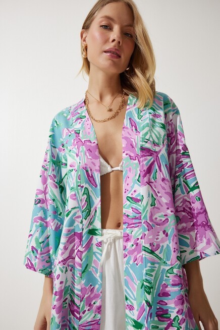 Desenli Viskon Kimono ÇAĞLA YEŞİLİ PEMBE LEN0004