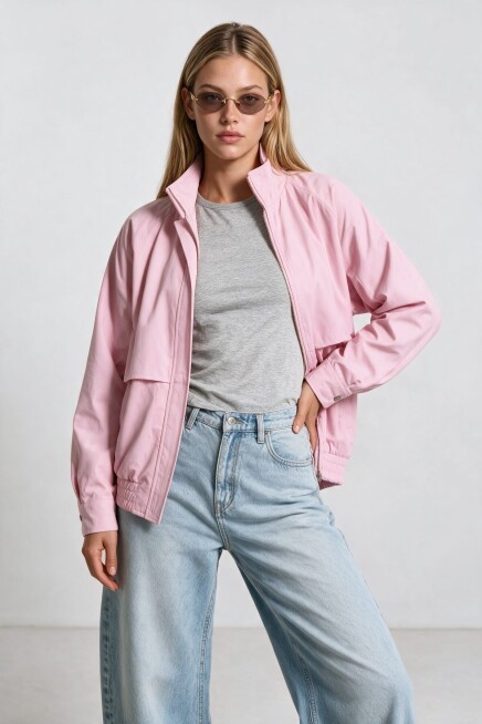 Dik Yaka Oversize Bomber Ceket ŞEKER PEMBE LGX0018