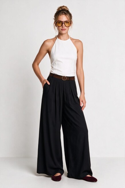 Kemerli Gabardin Etek Pantolon SİYAH LBY0072
