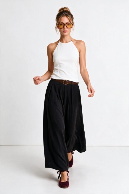 Kemerli Gabardin Etek Pantolon SİYAH LBY0072