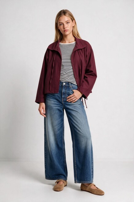 Kısa Poplin Trençkot BORDO LBY0069