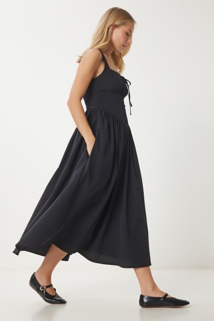 Korse Görünümlü Poplin Midi Elbise SİYAH LUB0224