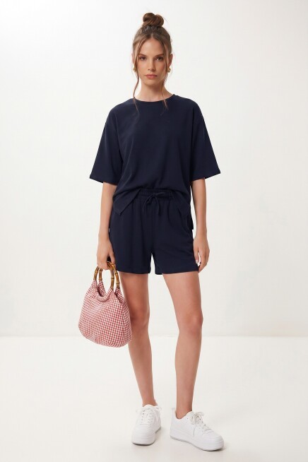 Modal Oversize T-shirt Şort Takım LACİVERT LUB0379