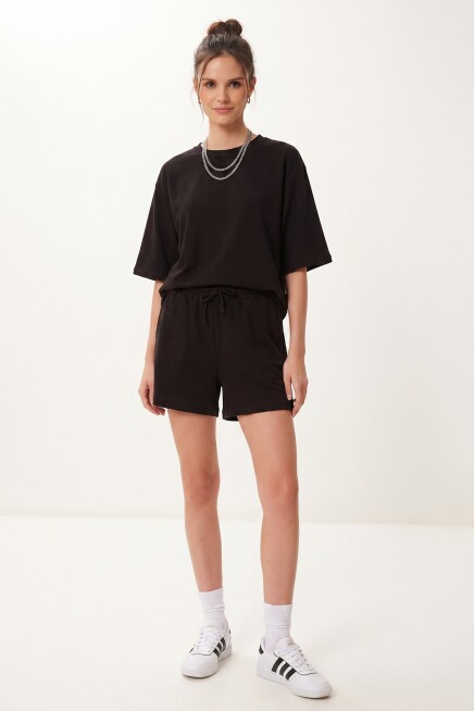 Modal Oversize T-shirt Şort Takım SİYAH LUB0379