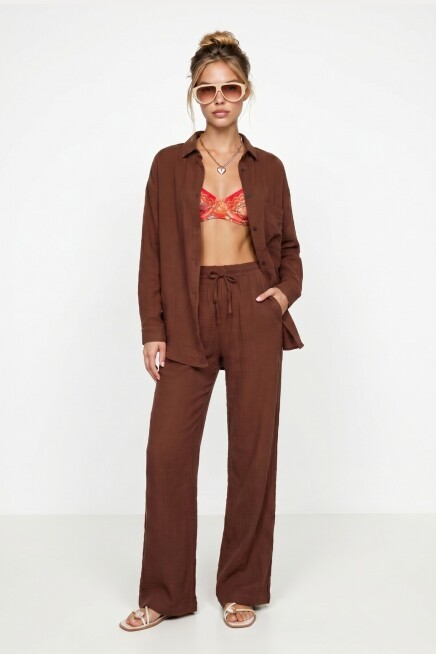 Oversize Müslin Gömlek Pantolon Takım KOYU KİREMİT LSA0014