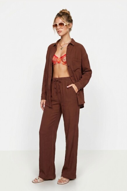 Oversize Müslin Gömlek Pantolon Takım KOYU KİREMİT LSA0014