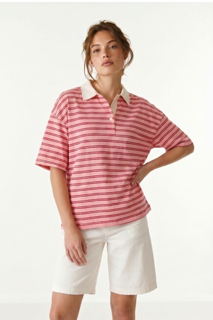 Polo Yaka Çizgili Oversize Örme T-shirt PEMBE LUB0388