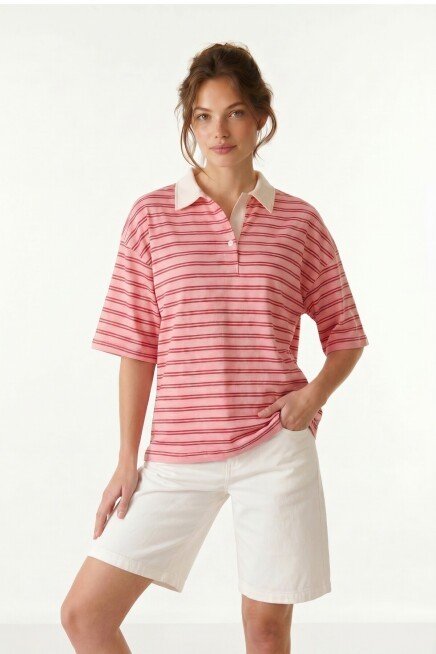 Polo Yaka Çizgili Oversize Örme T-shirt PEMBE LUB0388
