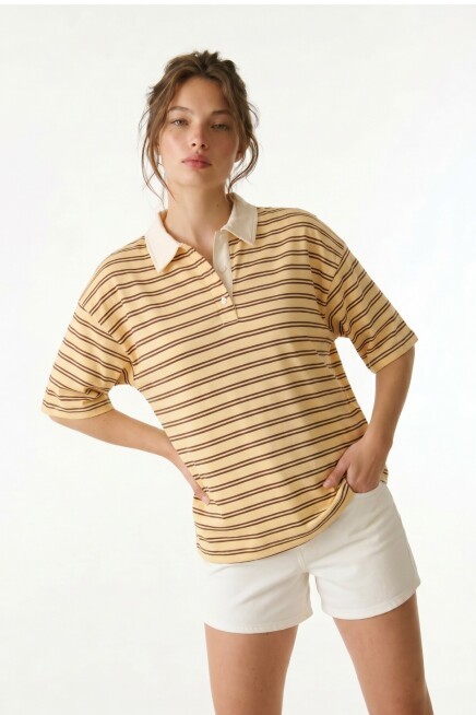 Polo Yaka Çizgili Oversize Örme T-shirt SARI LUB0388
