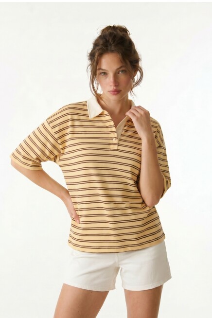 Polo Yaka Çizgili Oversize Örme T-shirt SARI LUB0388